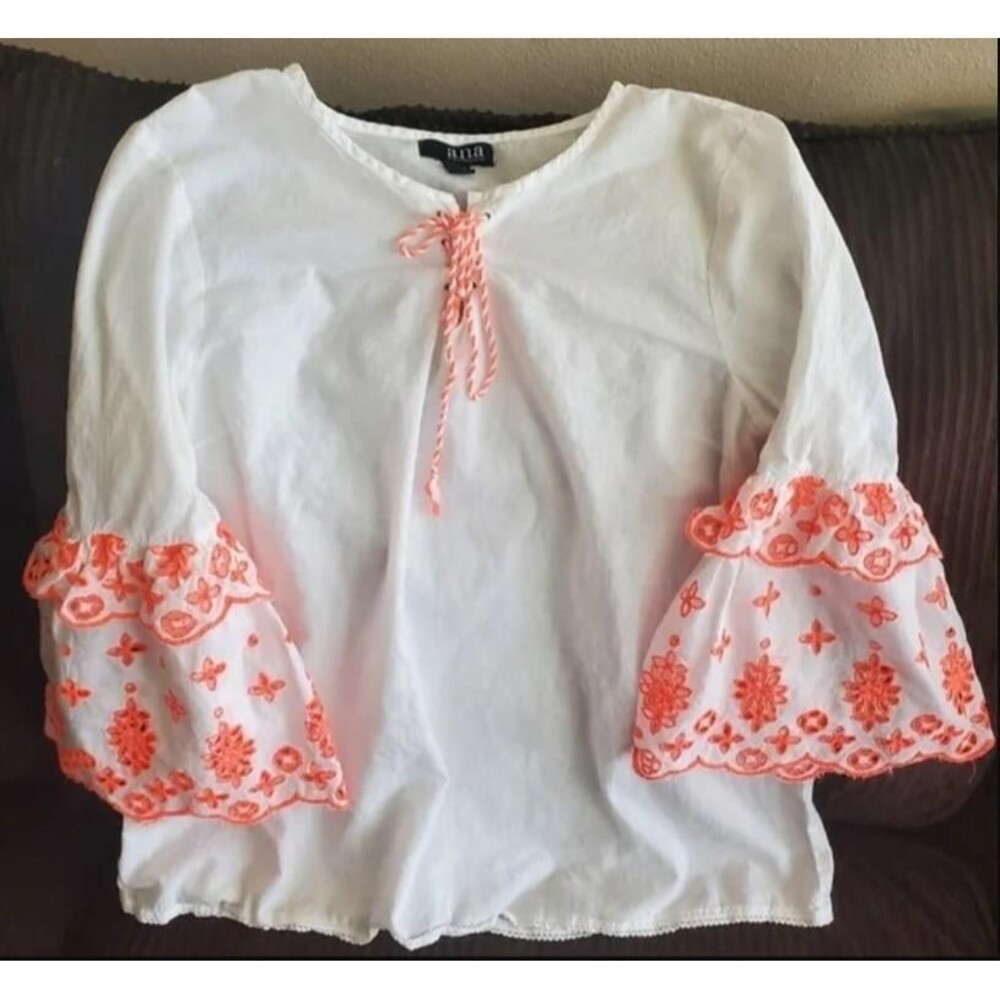 White Sz Medium Casual Wear Embroidered Eyelet Layered Sleeves Boho Shirt ANA